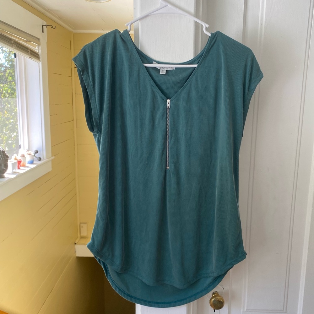 Green Envelope Teal V-Neck Blouse with Zipper